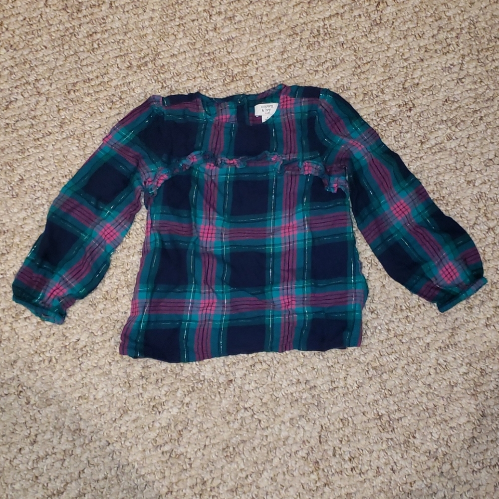 Girls long sleeve top, blue plaid, size 6